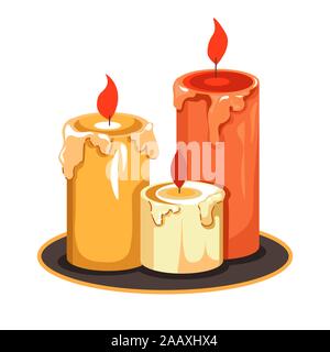 Candles on tray isolated icon, melting wax and flame Stock Vector