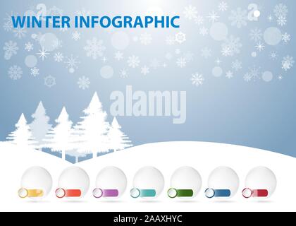 Winter infographic of seven blank transparent circles ready for your text. Winter snow landscape with trees and snowflakes is in the background. Stock Vector