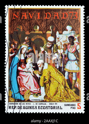 Cancelled postage stamp printed by Equatorial Guinea, that shows Painting by Carvajal, circa 1973. Stock Photo