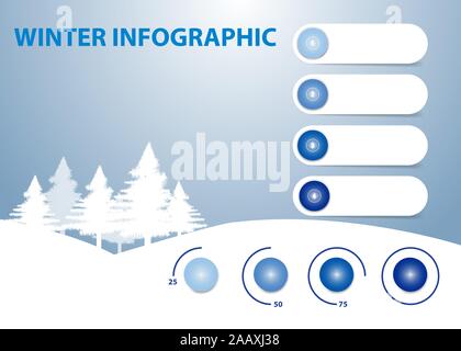 Winter infographic of four blank labels ready for your text and . Graph is showing quarter, half, three quarters and 100 percent. Stock Vector
