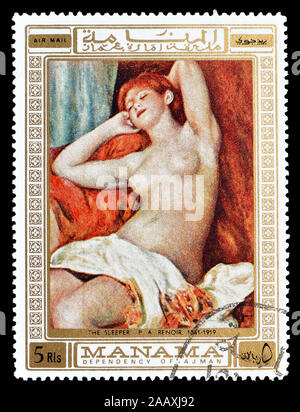 Cancelled postage stamp printed by Manama, that shows Painting by Renoir, circa 1972. Stock Photo