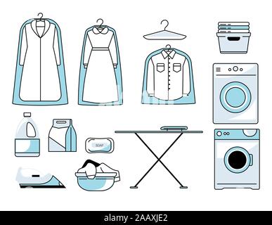 Dry cleaners or laundry room isolated icons, washing machine and ironing board Stock Vector