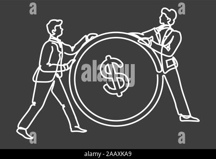 Business and finance, businessmen and coin outline drawing Stock Vector