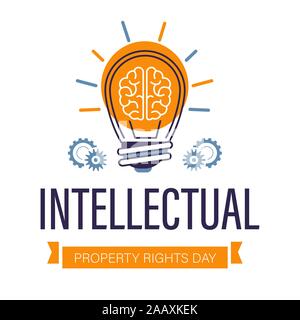 Intellectual property rights day isolated icon, brain and light bulb Stock Vector