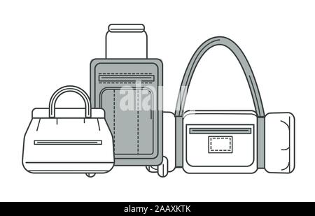 Baggage or luggage, suitcase and sport bag or valise isolated line icon Stock Vector