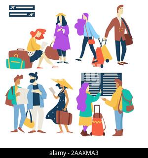 Airport plane passengers waiting for flight isolated characters Stock Vector