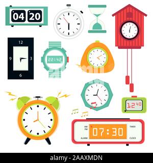 Watch and clock, stopwatch or timer and hourglass isolated icons Stock Vector
