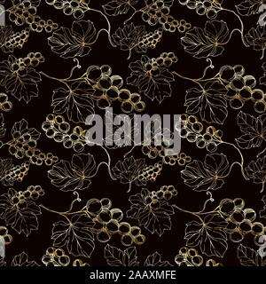 Vector Grape berry healthy food. Black and white engraved ink art. Seamless background pattern. Stock Vector