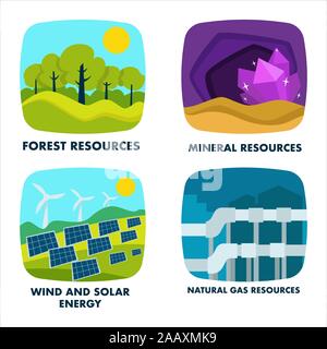 Ecology, natural resources isolated icons, environmental protection Stock Vector