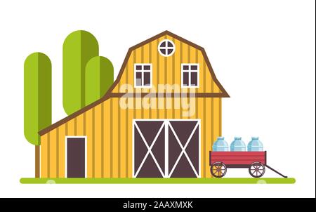 Rural barn and wheelbarrow with gallons of milk isolated icon Stock Vector