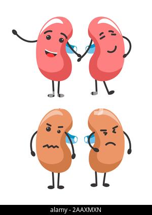 Organs with face, kidneys pair isolated icons, sick and healthy Stock Vector