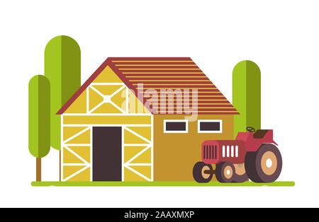 Harvester or tractor and old barn, agriculture and farm Stock Vector