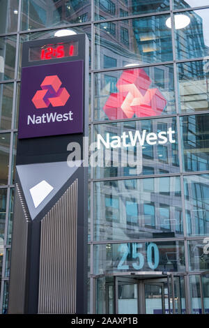 NatWest Bank (formerly RBS) offices and branding at 250 Bishopsgate, London, UK.
