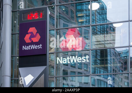 NatWest Bank (formerly RBS) offices and branding at 250 Bishopsgate, London, UK.