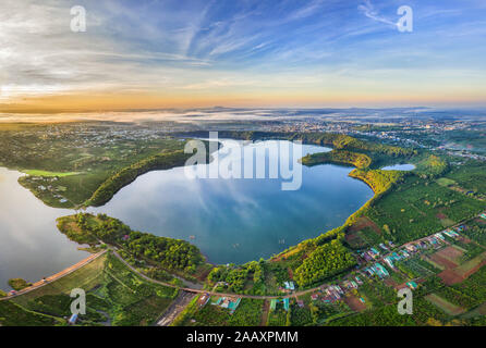 Aerial view of To Nung lake or T’nung lake near Pleiku city, Gia Lai province, Vietnam. To Nung lake or T’nung lake on the lava background Stock Photo