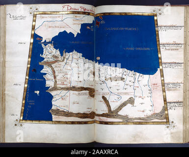 First map of Africa (Straits of Gibraltar, northwest Africa), in full gold border 'Latina: Prima Affrice Tabula [Prima Africae Tabula].English:  Listed in De Ricci, Seymour, Census of Medieval and Renaissance Manuscripts in the United States and Canada. New York. N.Y.: H.W. Wilson, 1935; and Supplement, New York, N.Y.: Bibliographical Society of America, 1962. Ownership : Original coat of arms scraped off.  Early owner L.B. from arms now on f. 1. 1 scribe. 27 maps.  On f.1, 10-line gold initial with vinescroll extending into border.  Gold rubric.  Coat of arms.  9-line gold initials with vines Stock Photo