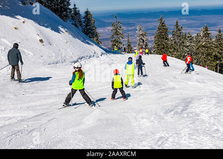 Group of people and kids skiing on a ski slope in Poiana Brasov resort, in winter season, Romania Stock Photo