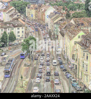 watercolor illustration: Top view of the traffic near the city centre of Kassel, cars in several rows Stock Photo