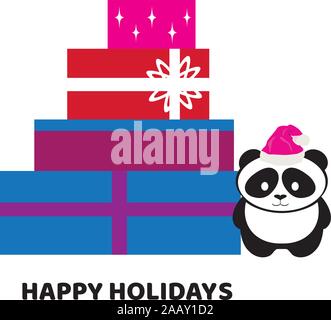 vector illustration of Christmas boxes and a cute panda bear in Santa hat. Stock Vector