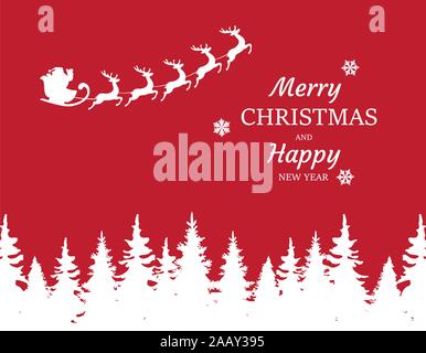 vector illustration of a Christmas card with Santa Claus flying and forest silhouette. Stock Vector