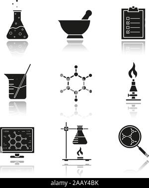Chemical laboratory equipment drop shadow black icons set. Beaker with rod, chemical reaction and test checklist. Molecule structure and lab burner. C Stock Vector