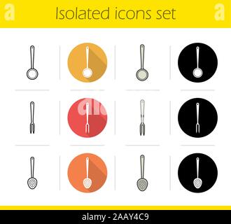 Kitchen tools icons set. Flat design, linear, black and color styles. Cooking instruments. Skimmer, soup ladle, meat carving fork. Isolated vector ill Stock Vector