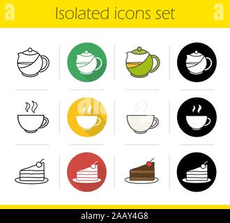 Tea icons set. Flat design, linear, black and color styles. Piece of chocolate cake on plate, teapot and steaming cup isolated vector illustrations Stock Vector