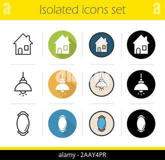 Household items icons set. Flat design, linear, black and color styles. House, ceiling lamp and framed wall mirror. Isolated vector illustrations Stock Vector