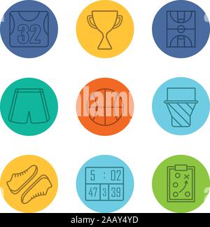 Basketball equipment linear icons set. Shirt, trophy, field, shorts, ball, hoop, shoes, scoreboard, game plan. Thin line contour symbols on color circ Stock Vector