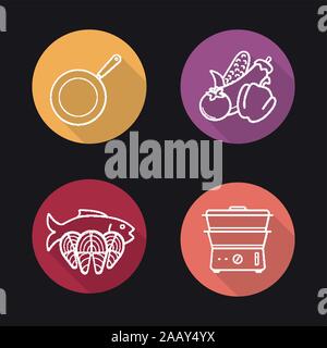 Steam cooking flat linear long shadow icons set. Frying pan, vegetables, fish fillet slices and steam cooker. Vector line symbols Stock Vector