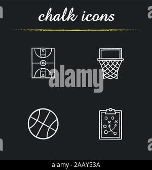 Basketball icons set. Hoop, ball, field, clipboard game plan illustrations. Isolated vector chalkboard drawings Stock Vector