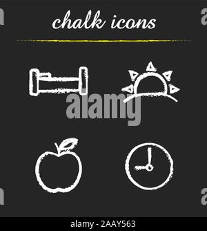 Daily timetable icons set. Bed, sunrise, apple and clock. Waking up, morning time and breakfast symbols. Isolated vector chalkboard drawings Stock Vector