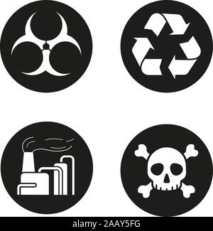 Industrial pollution icons set. Biohazard and recycle symbols, chemical plant and skull with crossbones. Vector white illustrations in black circles Stock Vector