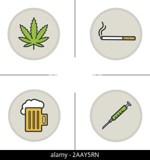Bad habits color icons set. Addictions. Marijuana leaf, cigarette, foamy beer mug, syringe. Drugs, alcohol and smoking symbols. Vector isolated illust Stock Vector