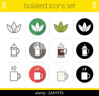 Tea icons set. Flat design, linear, black and color styles. Loose tea leaves, french press, hot steamy mug. Isolated vector illustrations Stock Vector
