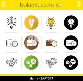 Business concepts icons set. Flat design, linear, black and color styles. Successful idea and work time symbols, cogwheels. Isolated vector illustrati Stock Vector