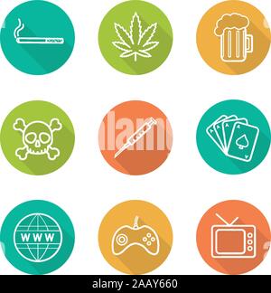 Addictions flat linear long shadow icons set. Smoking, alcohol, drugs, games, internet, tv, gambling signs. Cigarette, marijuana leaf, beer, skull, jo Stock Vector