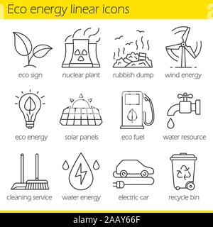 Eco energy linear icons set. Electric car, nuclear plant, rubbish dump, wind power, solar panels, green energy, water resource, bio fuel, cleaning ser Stock Vector