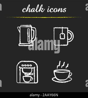 Tea and coffee icons set. Electric kettle, mug with teabag, espresso machine and steming cup on plate illustrations. Isolated vector chalkboard drawin Stock Vector