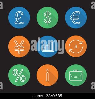 Banking and finance flat linear long shadow icons set. Great Britain pound, US dollar, euro and yen signs, growth chart, money exchange, percentage, i Stock Vector