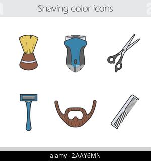 Shaving color icons set. Electric shaver, shaving brush, razor, beard, scissors and comb. Barber shop accessories. Vector isolated illustrations Stock Vector