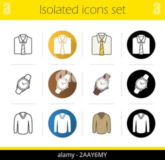 Men's accessories and clothes icons set. Flat design, linear, black and color styles. Shirt and tie, wristwatch and pullover isolated vector illustrat Stock Vector