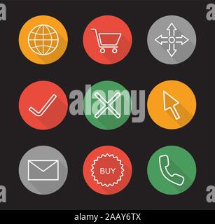 Online shopping flat linear long shadow icons set. Worldwide and delivery symbols, shopping cart, yes and no signs, computer cursor, message, buy stic Stock Vector