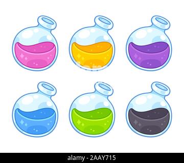 Cute cartoon potion bottle set. Magic potion vials collection, video game items. Isolated vector clip art illustration. Stock Vector