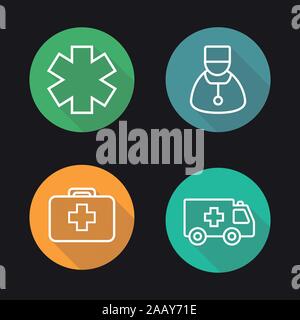 Medicine flat linear long shadow icons set. Star of life, doctor with stethoscope, first aid kit and ambulance car. Vector line symbols Stock Vector