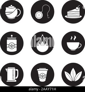 Tea icons set. Teapot and ball infuser, piece of cake, loose tea leaves and container, bowl, steaming cup, electric kettle, takeaway paper teacup. Vec Stock Vector