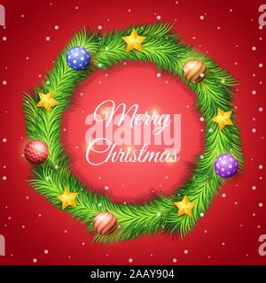 Christmas wreath made of pine leaf with decoration ball and star with snow in foreground. Merry Christmas and happy new year background. Stock Vector