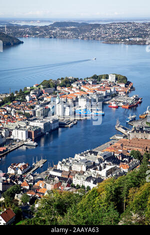 The historic city of Bergen, Norway is sheltered on the coast from the Norwegian Sea. Stock Photo