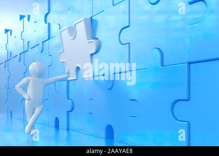 3D illustration,3D rendering,The character is wearing the last piece of the jigsaw puzzle to complete the mission. Includes selection path of floor an Stock Photo