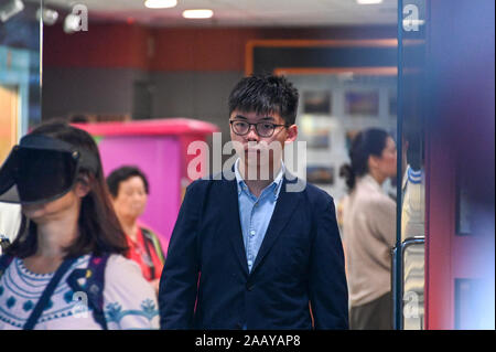 Hong Kong, China. 24th Nov, 2019. Pro-democracy activist Johsua Wong left a polling station in his home district of South Horizons after voting in Hong Kong's District Council elections on Sunday, November 24, 2019. Wong had intended to run but his candidacy was disqualified by election officials. Photo by Thomas Maresca/UPI Credit: UPI/Alamy Live News Stock Photo